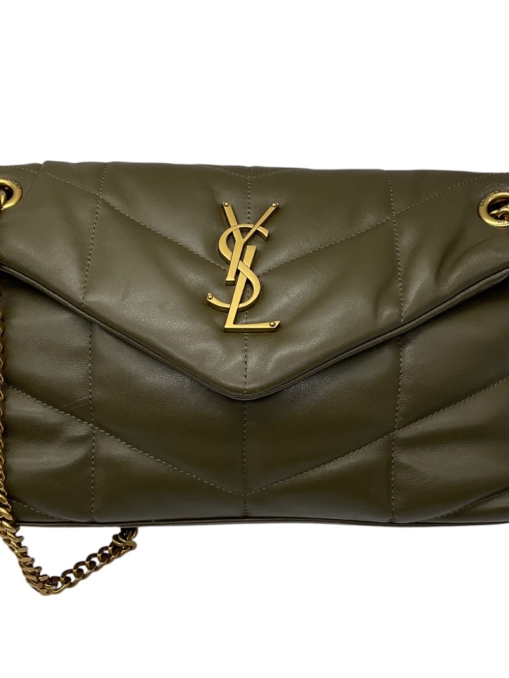 SAINT LAURENT OLIVE GREEN QUILTED LAMBSKIN SMALL LOULOU PUFFER MONOGRAM SHOULDER